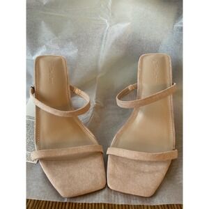 Drop Avery Square Toe Two-Strap High Heeled Sandal Beige Faux Suede Womens 8.5